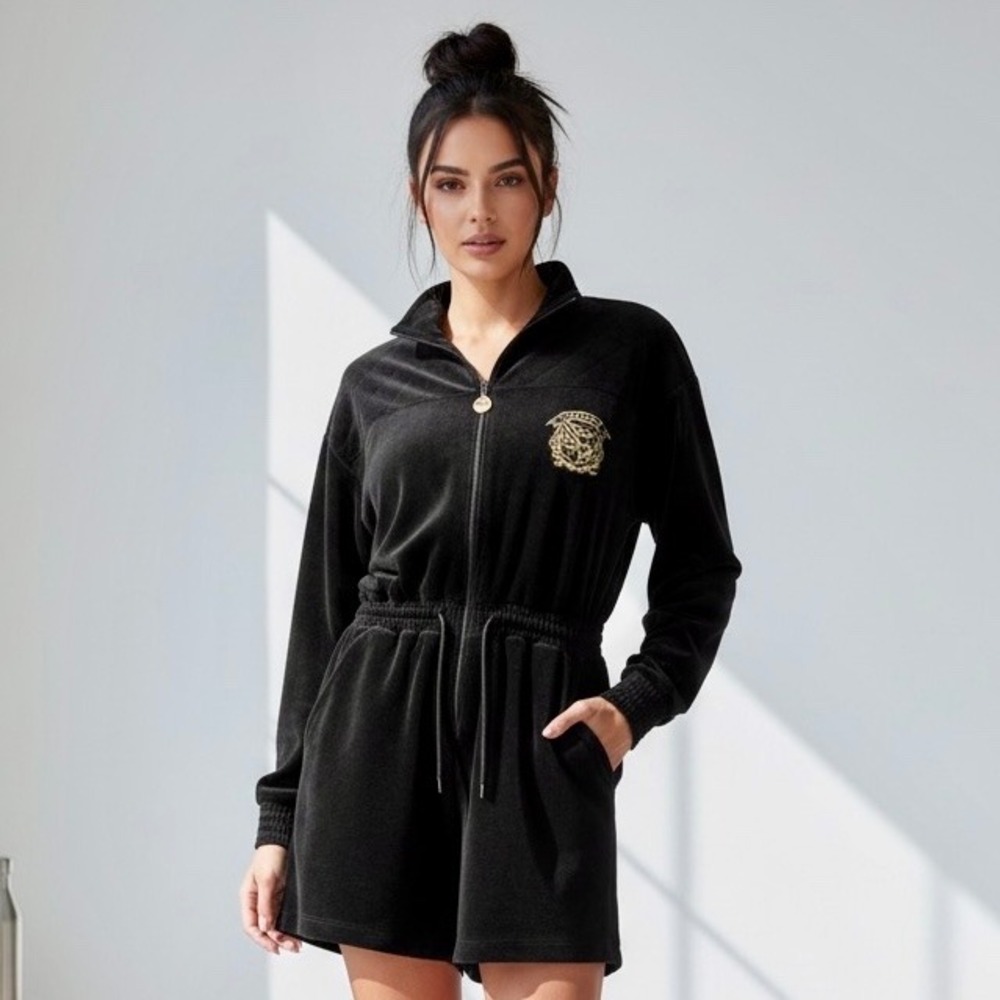 Ellesse Velour Tracksuit Romper Shorts‎ Women Small Black Zip Crest Athleisure
